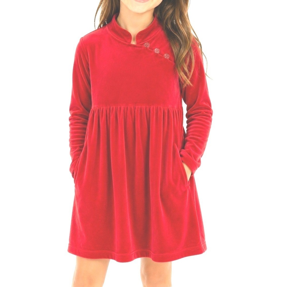 Hanna Andersson Girls Red Velvet Long Sleeve Dress Empire Waist Pockets Size 140